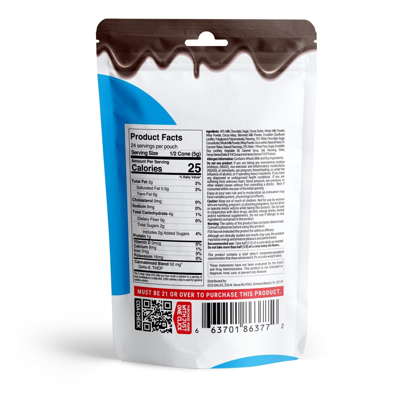100mg Coconut Flakes + Milk Chocolate Waffle Cones - D8 & THCP - Chill Plus