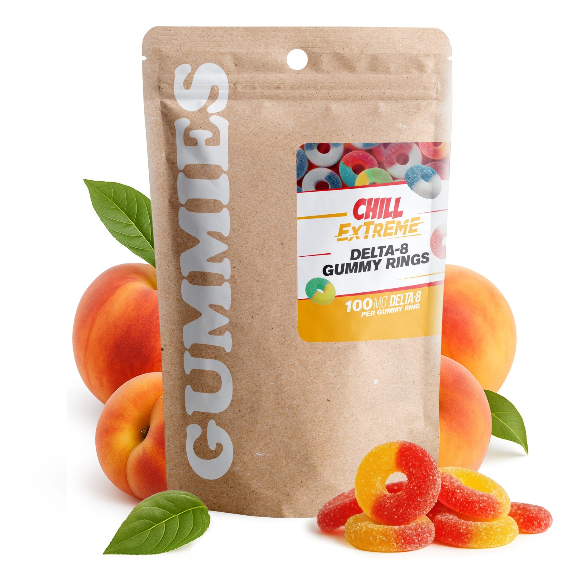 100mg Delta 8 Gummies – Peach Sour Rings – Chill Extreme