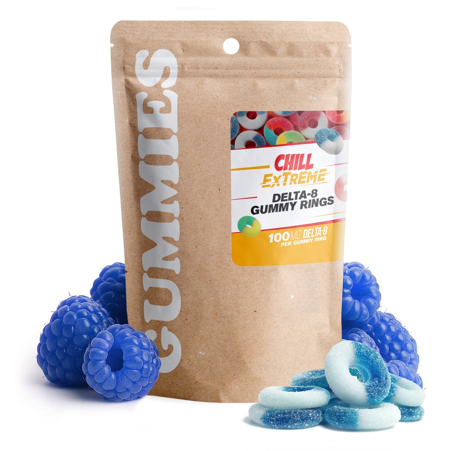 100mg Delta 8 Gummies - Sour Blue Raspberry Rings - Chill Extreme