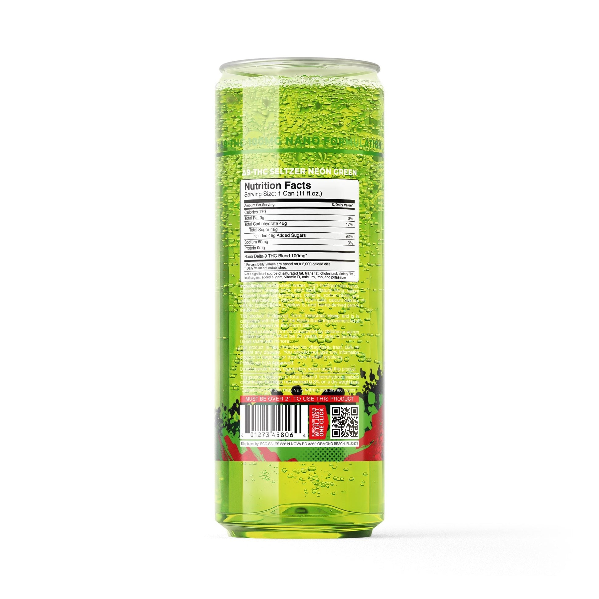 100mg Neon Green THC Seltzer - D9 Nano - Fresh