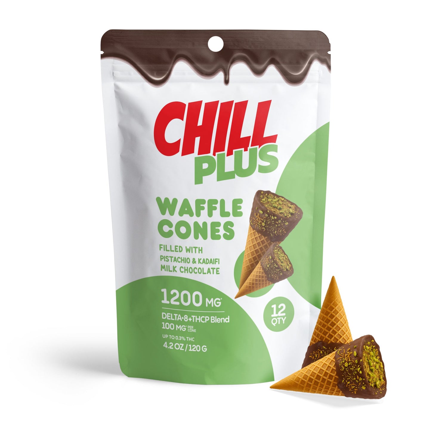 100mg Pistachio & Kadaifi + Milk Chocolate Waffle Cones - D8 & THCP - Chill Plus