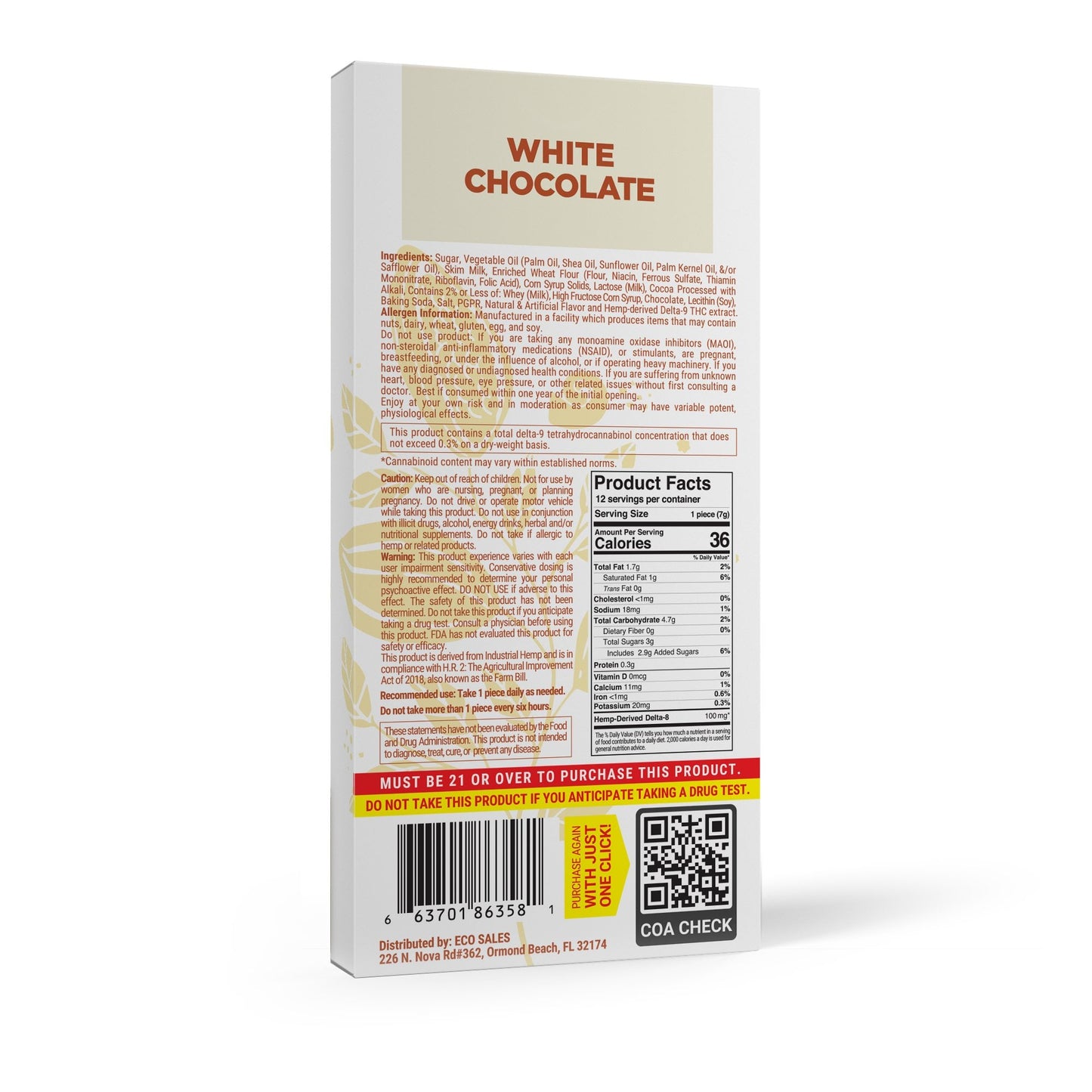 1,200mg White Chocolate Bar - Delta 8 - Chill Plus