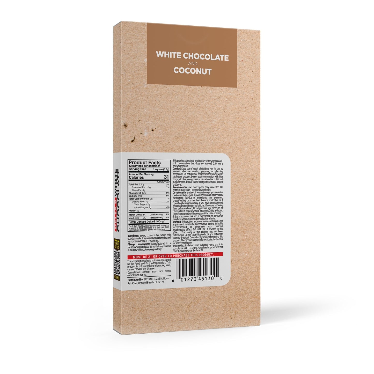 1,200mg White Chocolate & Coconut Flakes Bar - Delta 8 - Chill Plus