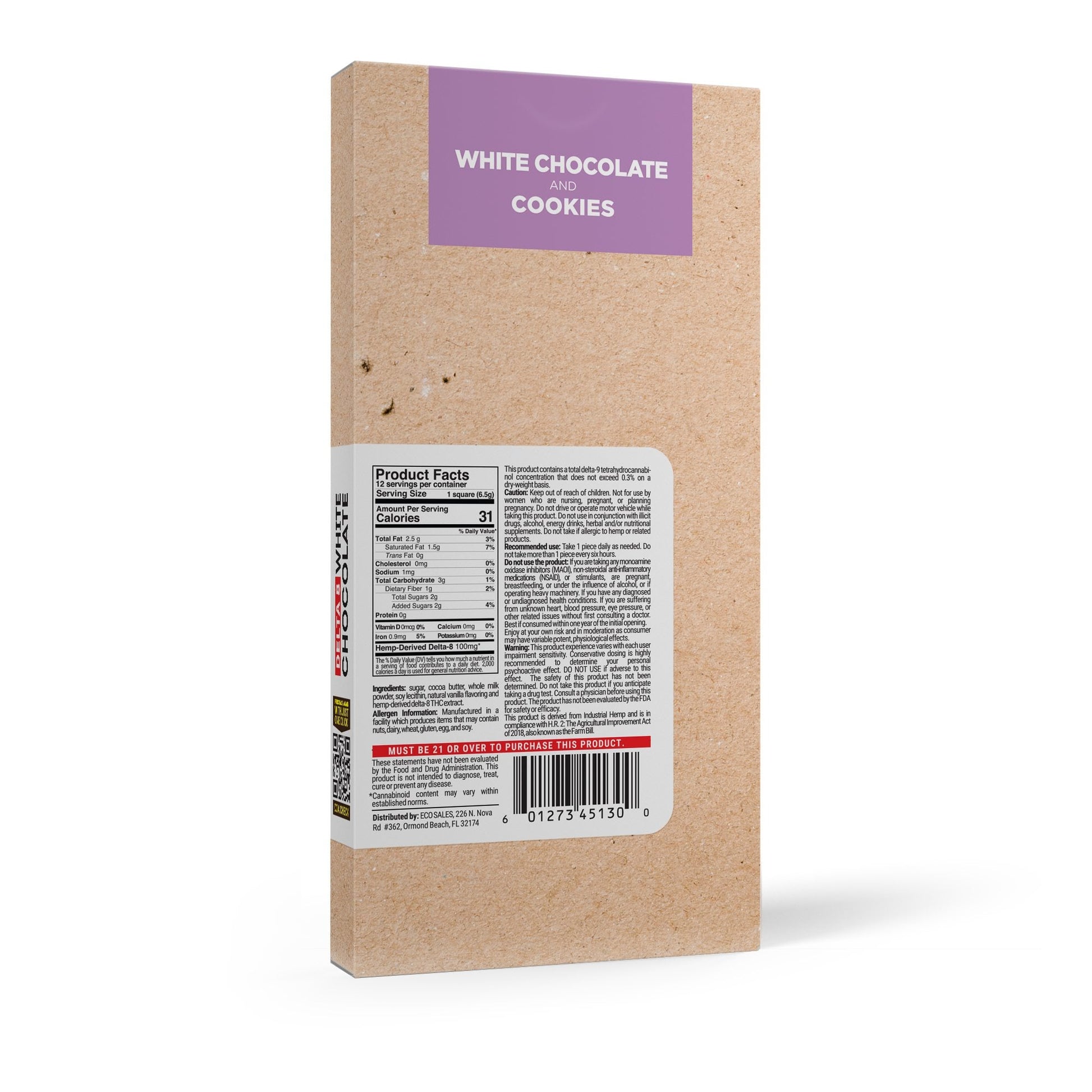 1,200mg White Chocolate & Cookies Bar - Delta 8 - Chill Plus