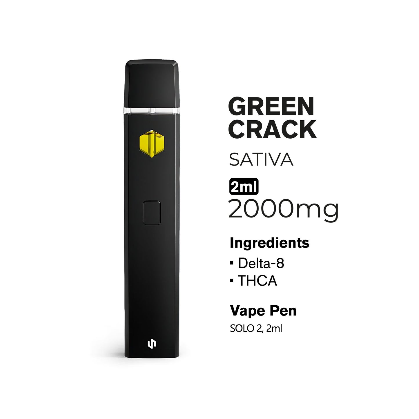 2000mg THCA, D8 Vape Pen - Green Crack - Sativa - 2ml - Fresh