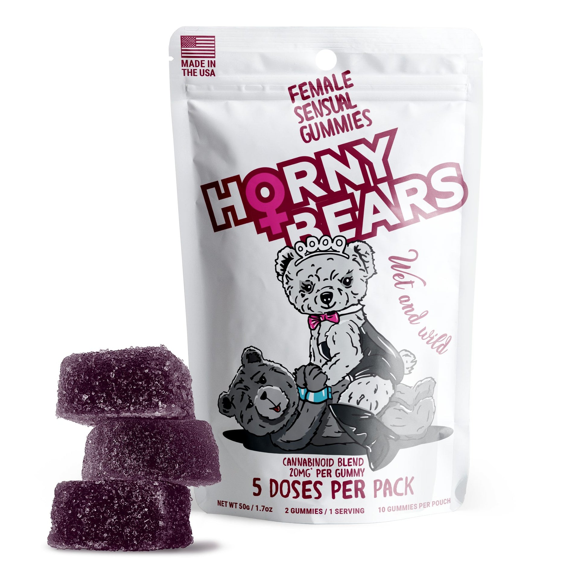 20mg Female Sensual Gummies - D9, THCP, Broad Spectrum CBD, THCV - Strawberry - Horny Bears