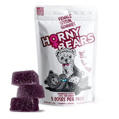 20mg Female Sensual Gummies - D9, THCP, Broad Spectrum CBD, THCV - Strawberry - Horny Bears