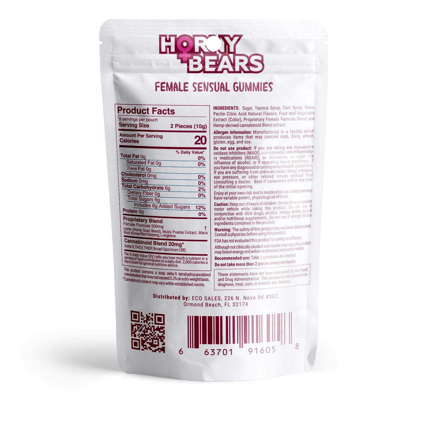 20mg Female Sensual Gummies - D9, THCP, Broad Spectrum CBD, THCV - Strawberry - Horny Bears