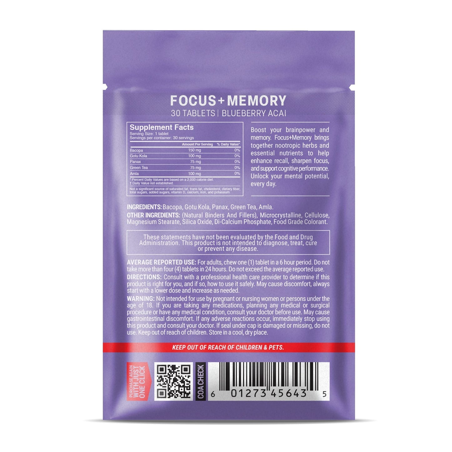 500mg Focus + Memory Tablets - Blueberry Acai - Mood Tablets