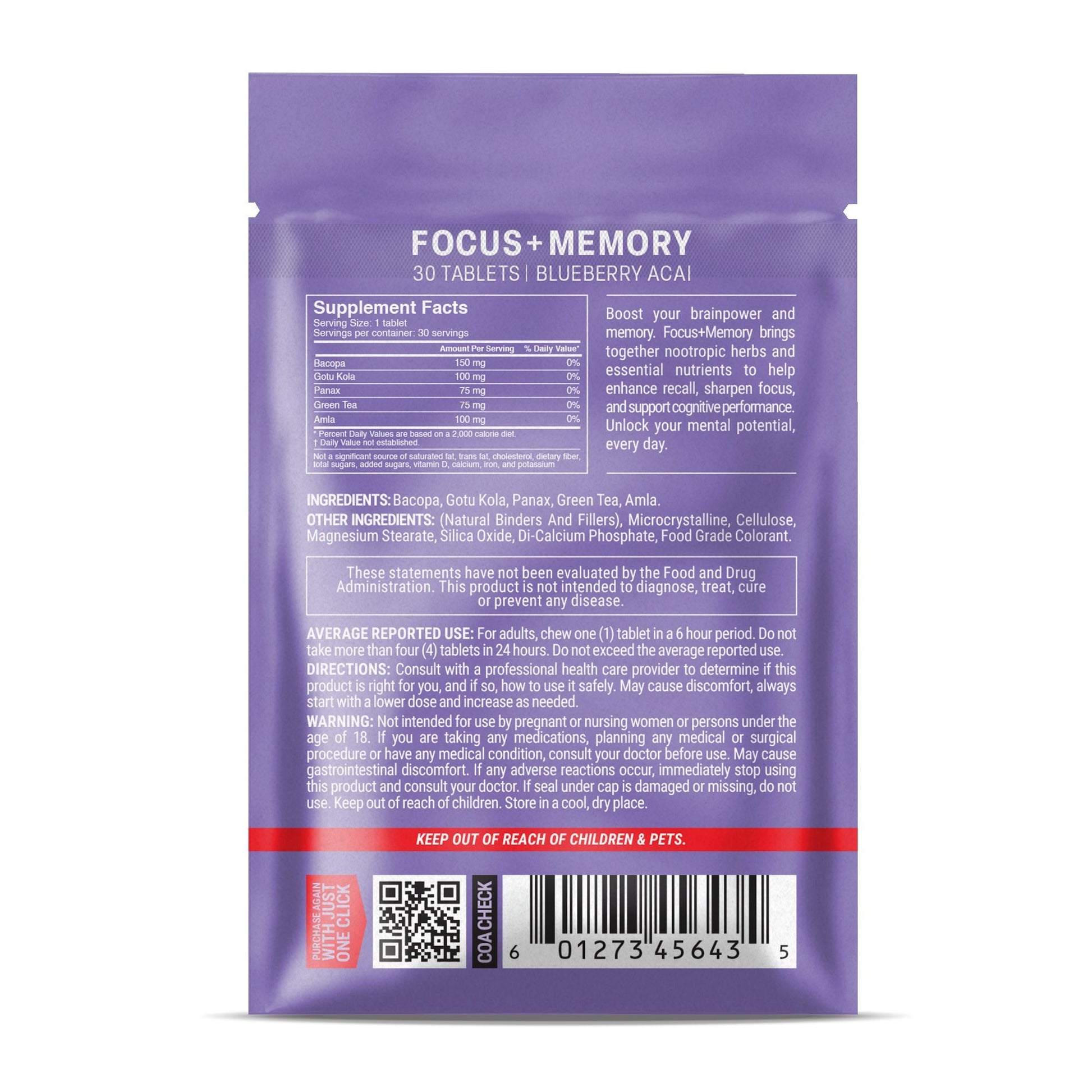 500mg Focus + Memory Tablets - Blueberry Acai - Mood Tablets