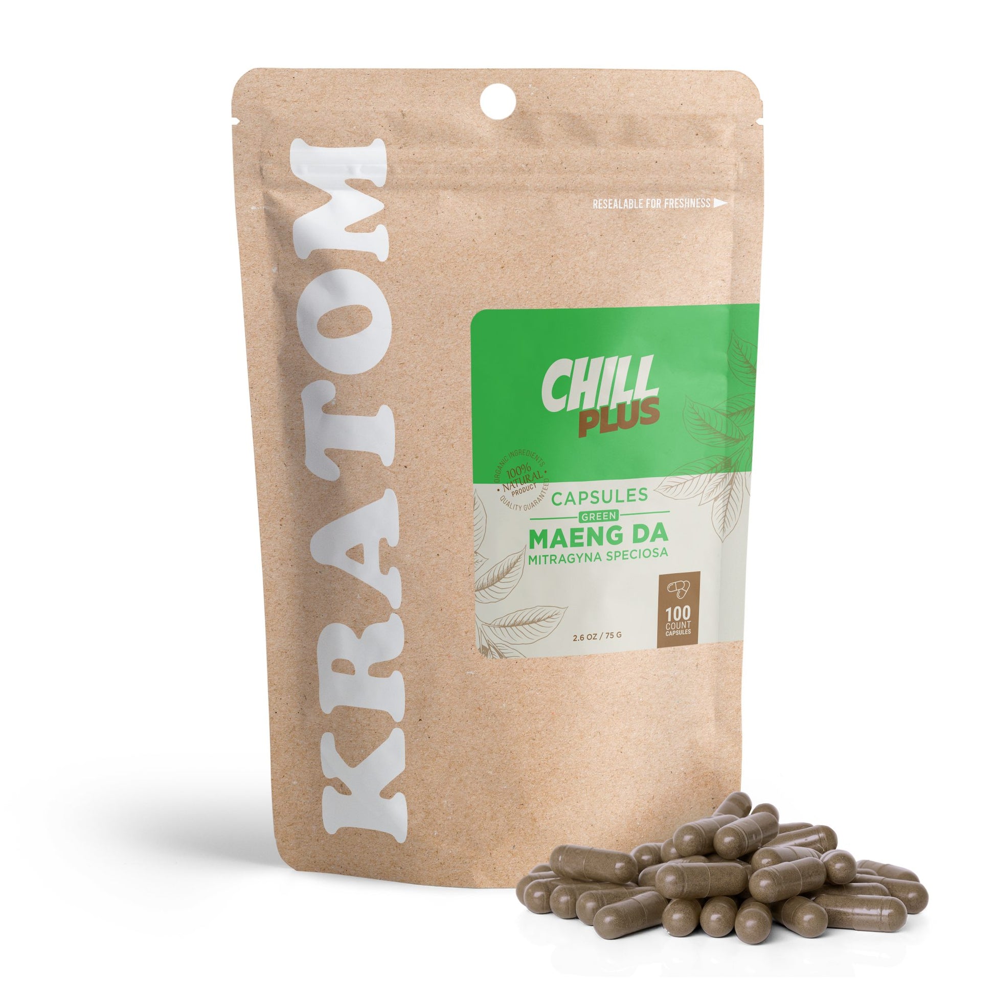 500mg - Kratom - Capsules - Green Maeng Da Strain - 100ct - Chill Plus