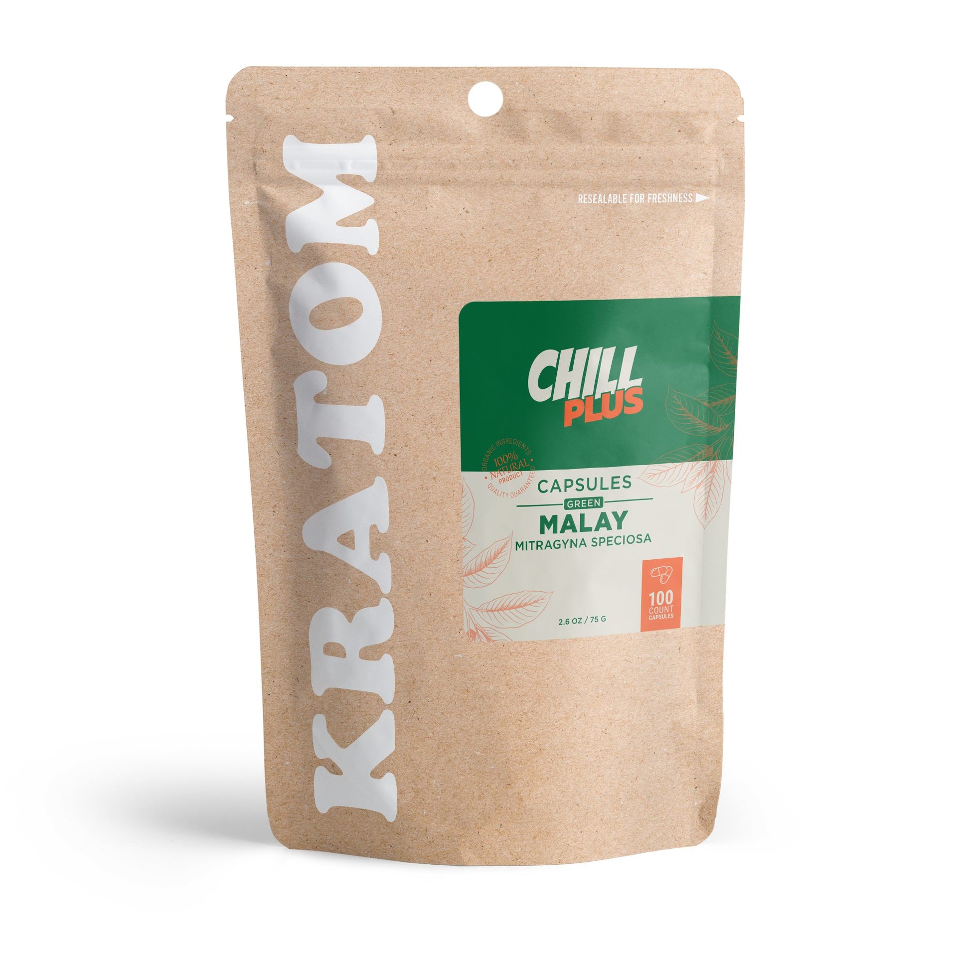 500mg Kratom Capsules - Green Malay Strain - 100ct - Chill Plus