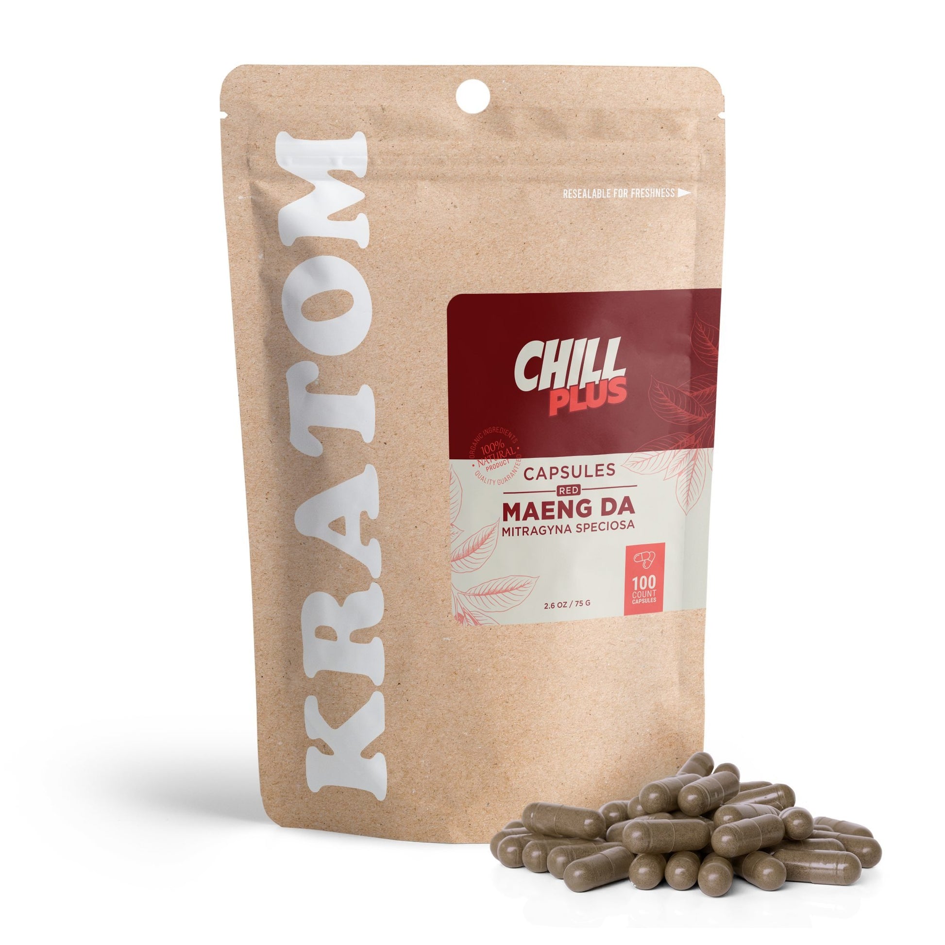 500mg Kratom Capsules - Red Maeng Da Strain - 100ct - Chill Plus