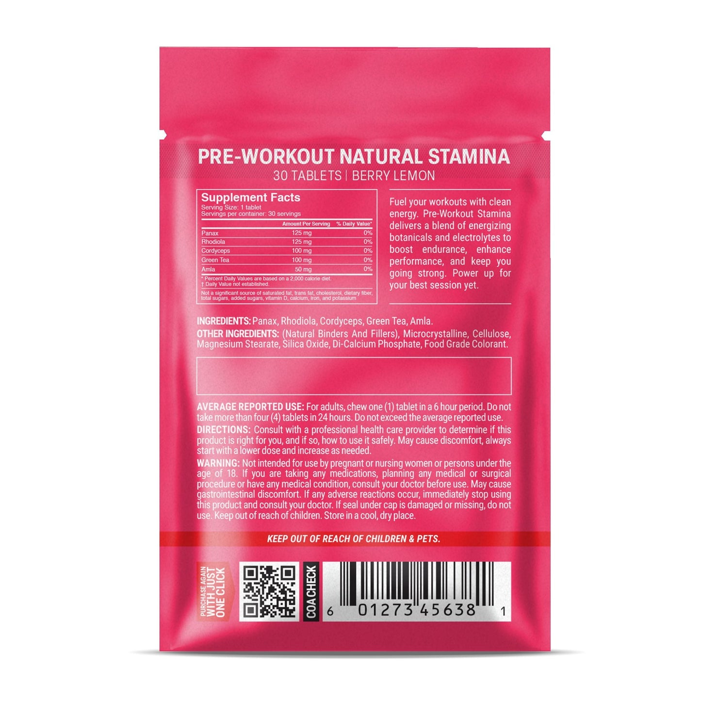 500mg Pre-Workout Natural Stamina Tablets - Berry Lemon - Mood Tablets