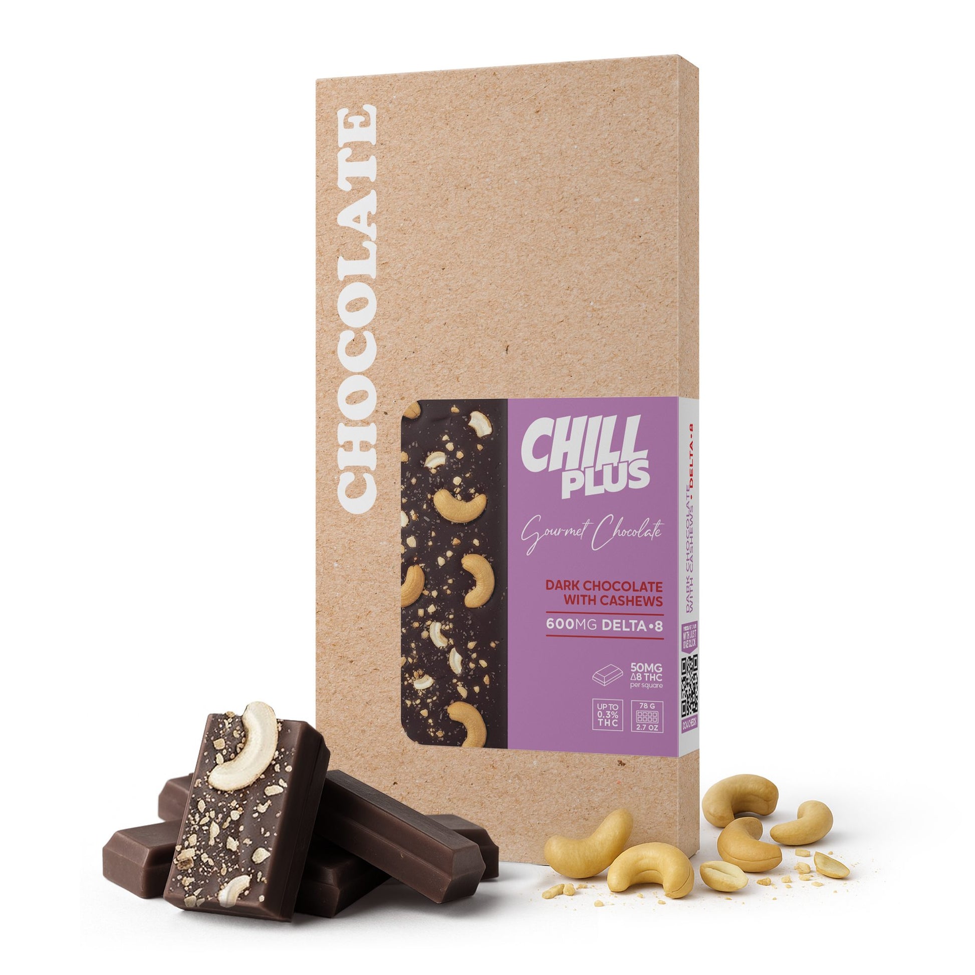 600mg Dark Chocolate & Cashews Bar – Delta 8 – Chill Plus