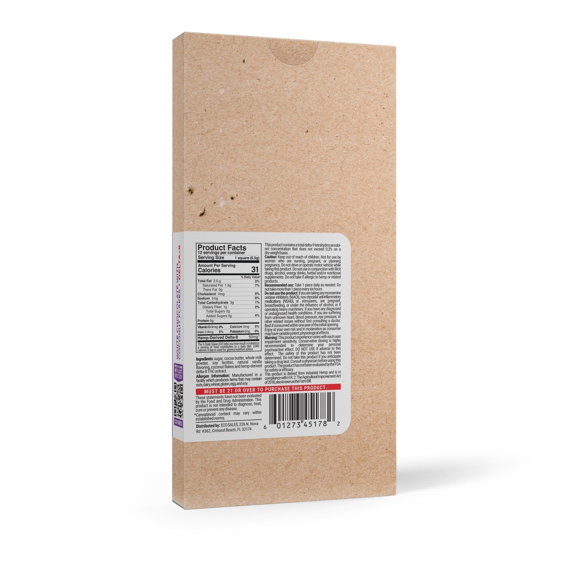 600mg White Chocolate & Coconut Flakes Bar – Delta 8 – Chill Plus