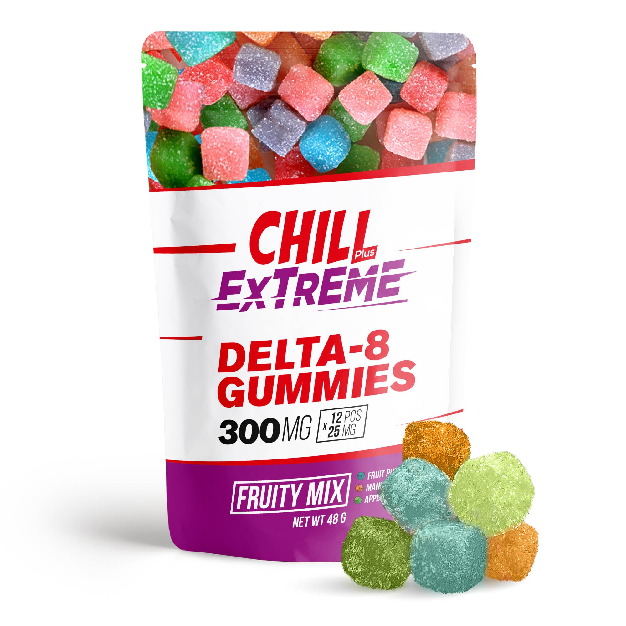 Chill Plus Delta-8 Extreme Gummies - Fruity Mix / 25mg per gummy / 12 gummies per pouch / 300mg per pouch / 12 pouches in a box ($10.00 per pouch)